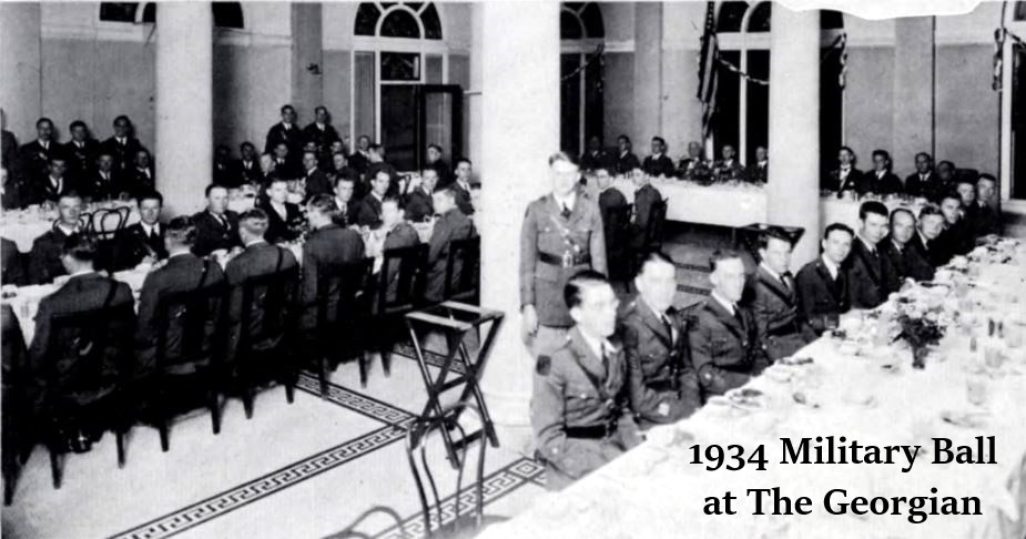 Black and white image of the 1934 Military Ball at The Georgian with cadets sitting at long tables.