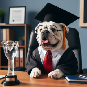 AI generated image of bulldog in a graduation hat, in an office, with an award.