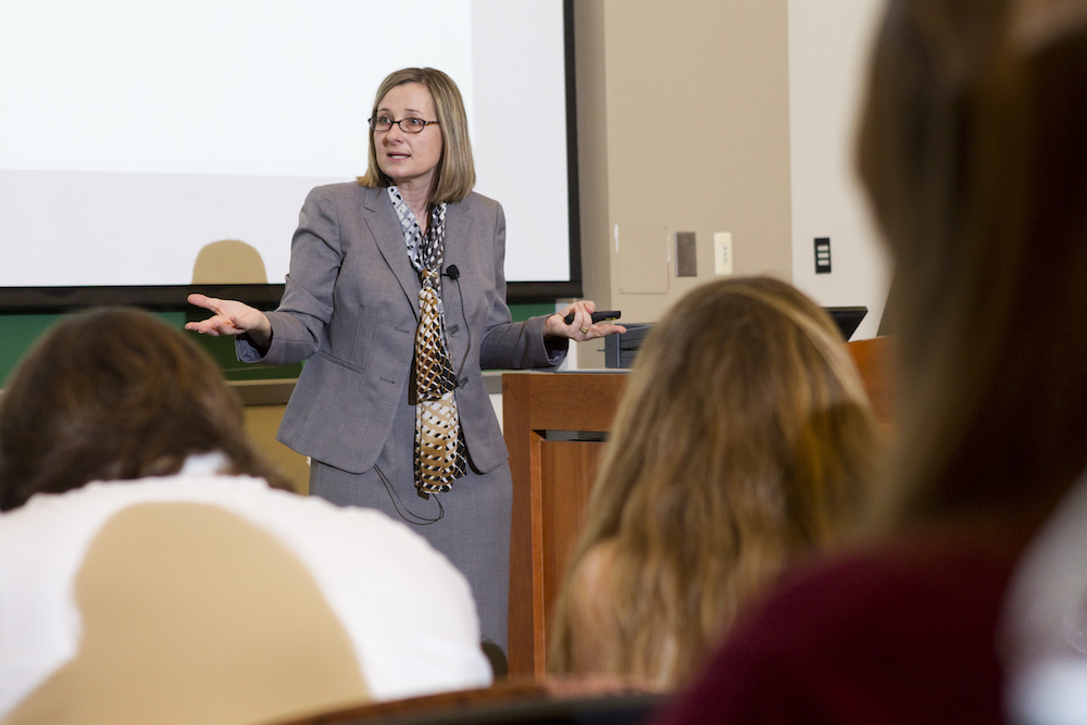 Meigs Professorship Teaching Awards winner Audrey Haynes in classroom with students.
