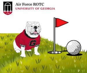 Artwork of the Georgia Bulldog on a golf green with a flag and golf ball